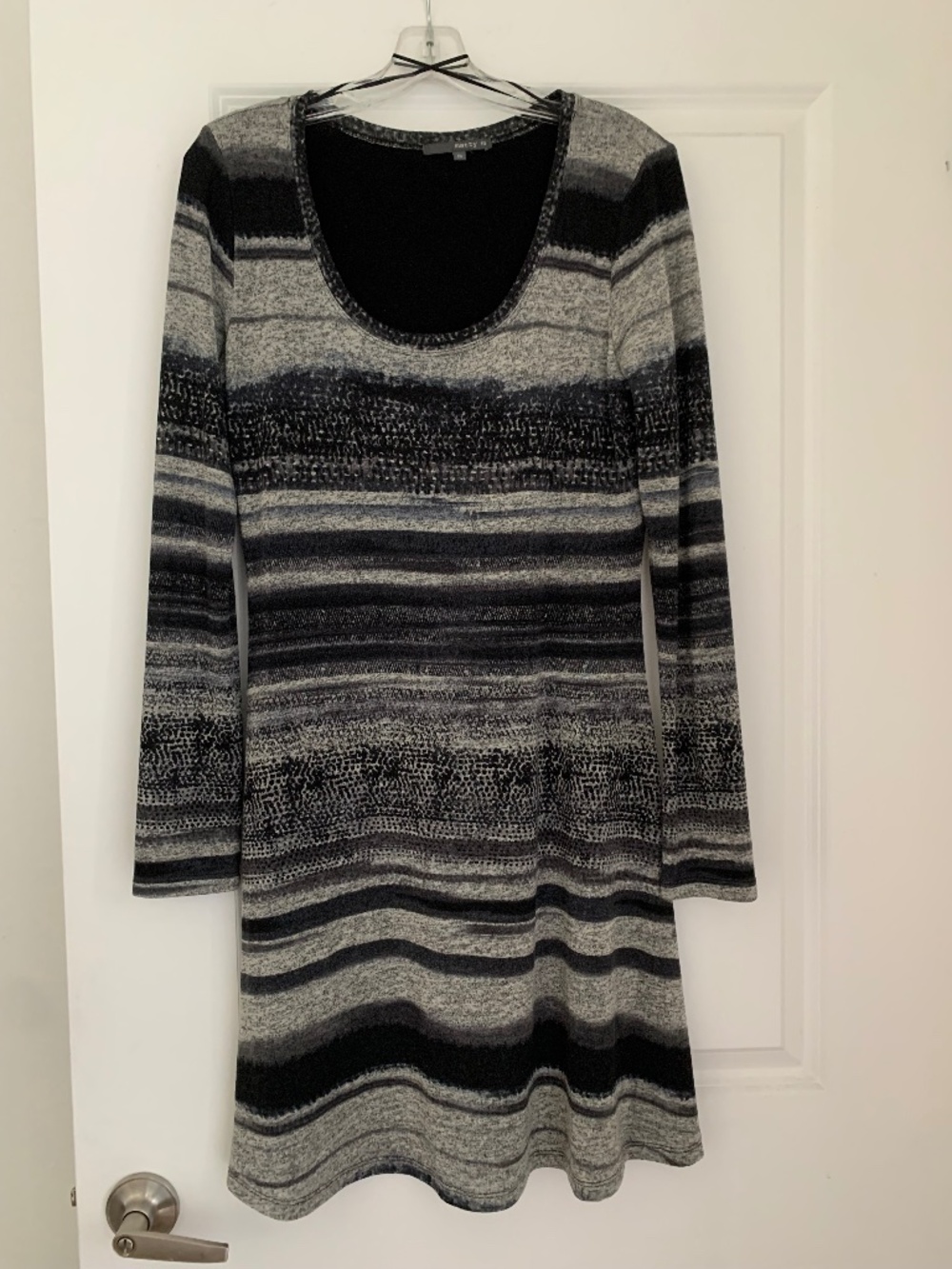 Matty M Gray Black Cream Striped Dress Scoop Neck Long Sleeve Sz M